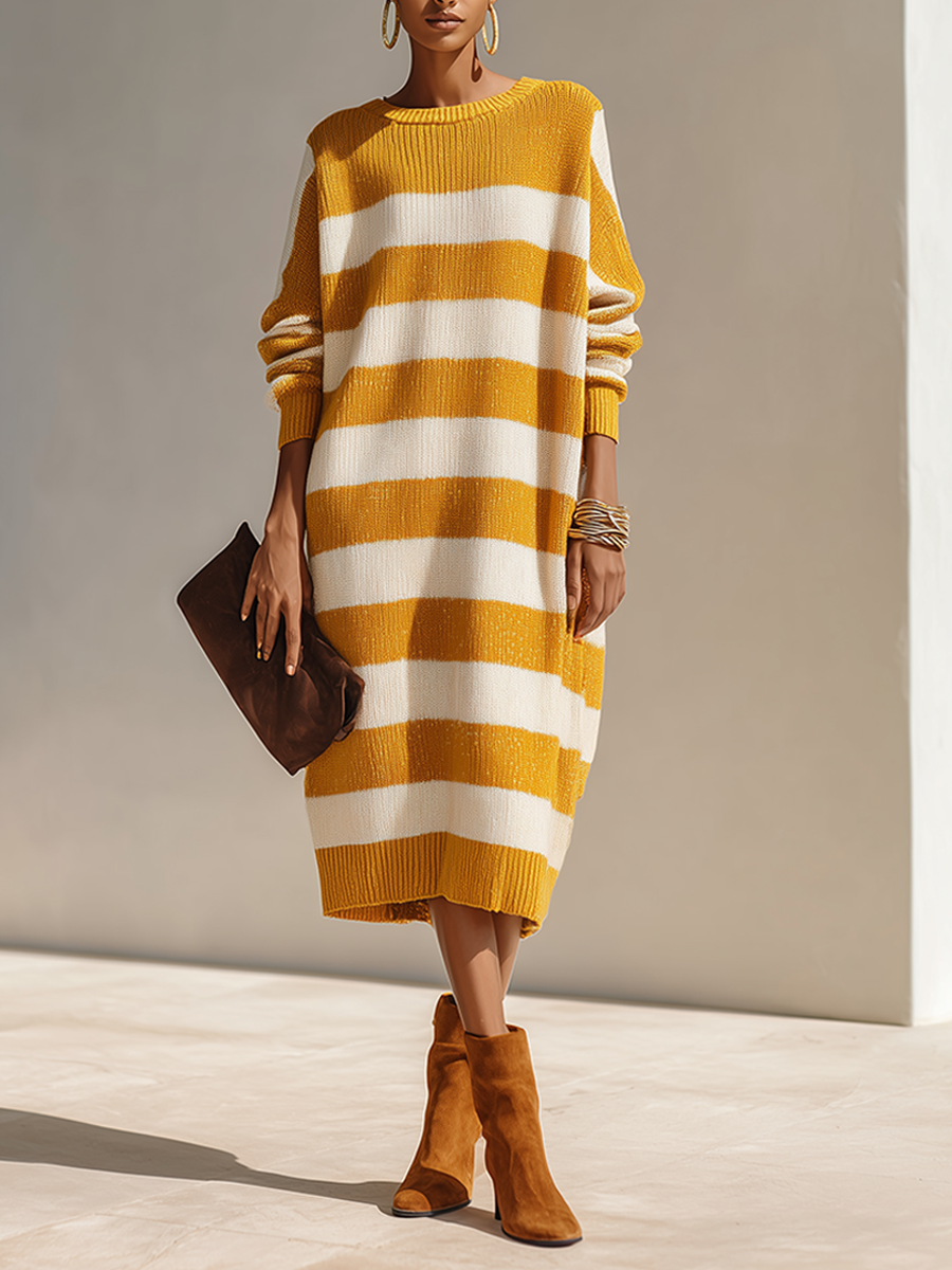 Women's Yellow & White Horizontal Stripe Loose-Fit Knit Midi Dress MDZ0572H6ZRK