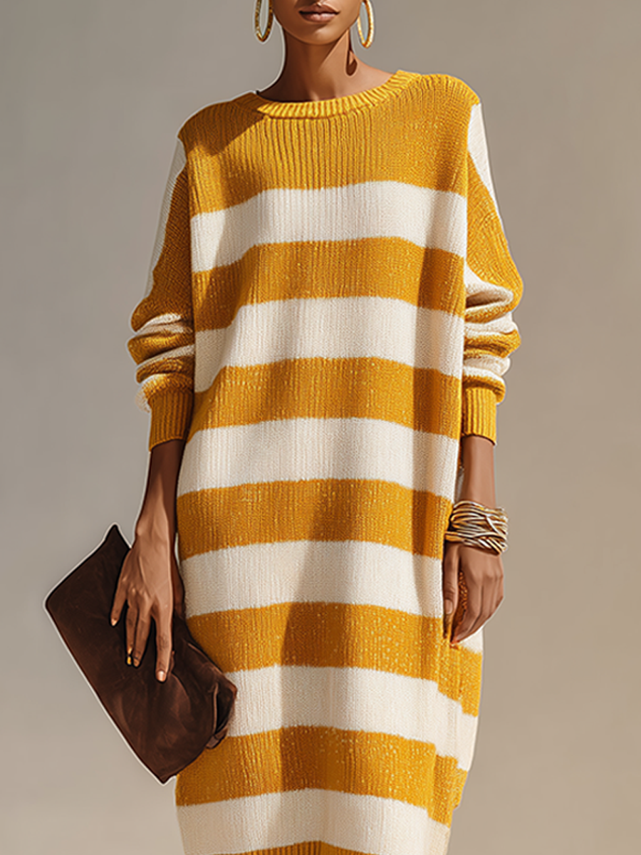 Women's Yellow & White Horizontal Stripe Loose-Fit Knit Midi Dress MDZ0572H6ZRK