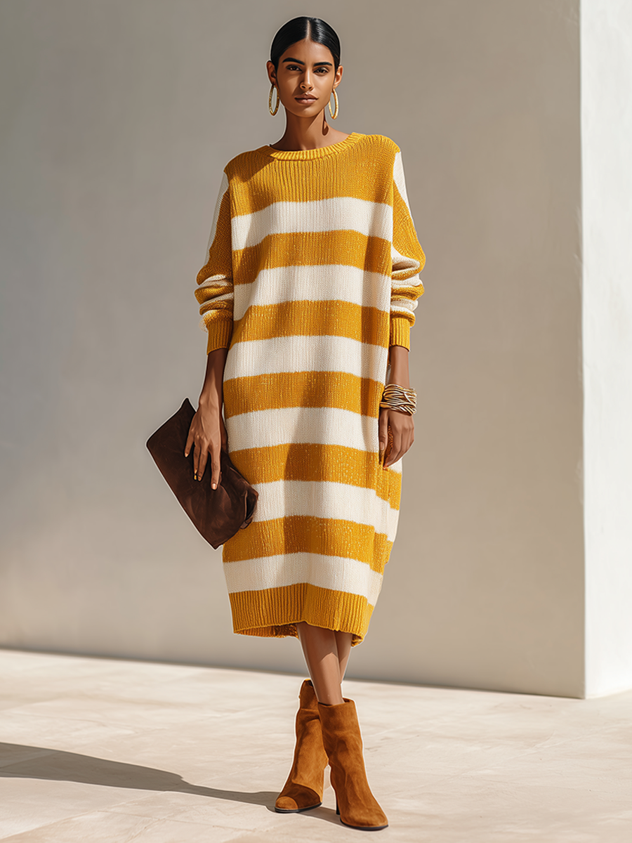 Women's Yellow & White Horizontal Stripe Loose-Fit Knit Midi Dress MDZ0572H6ZRK