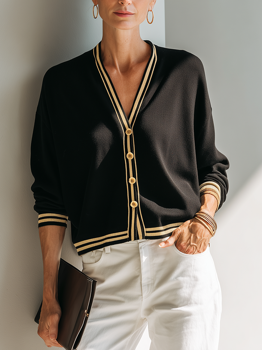 Women's Color-Contrast Striped V-Neck Cropped Knit Cardigan MDZ0510H1ZRK