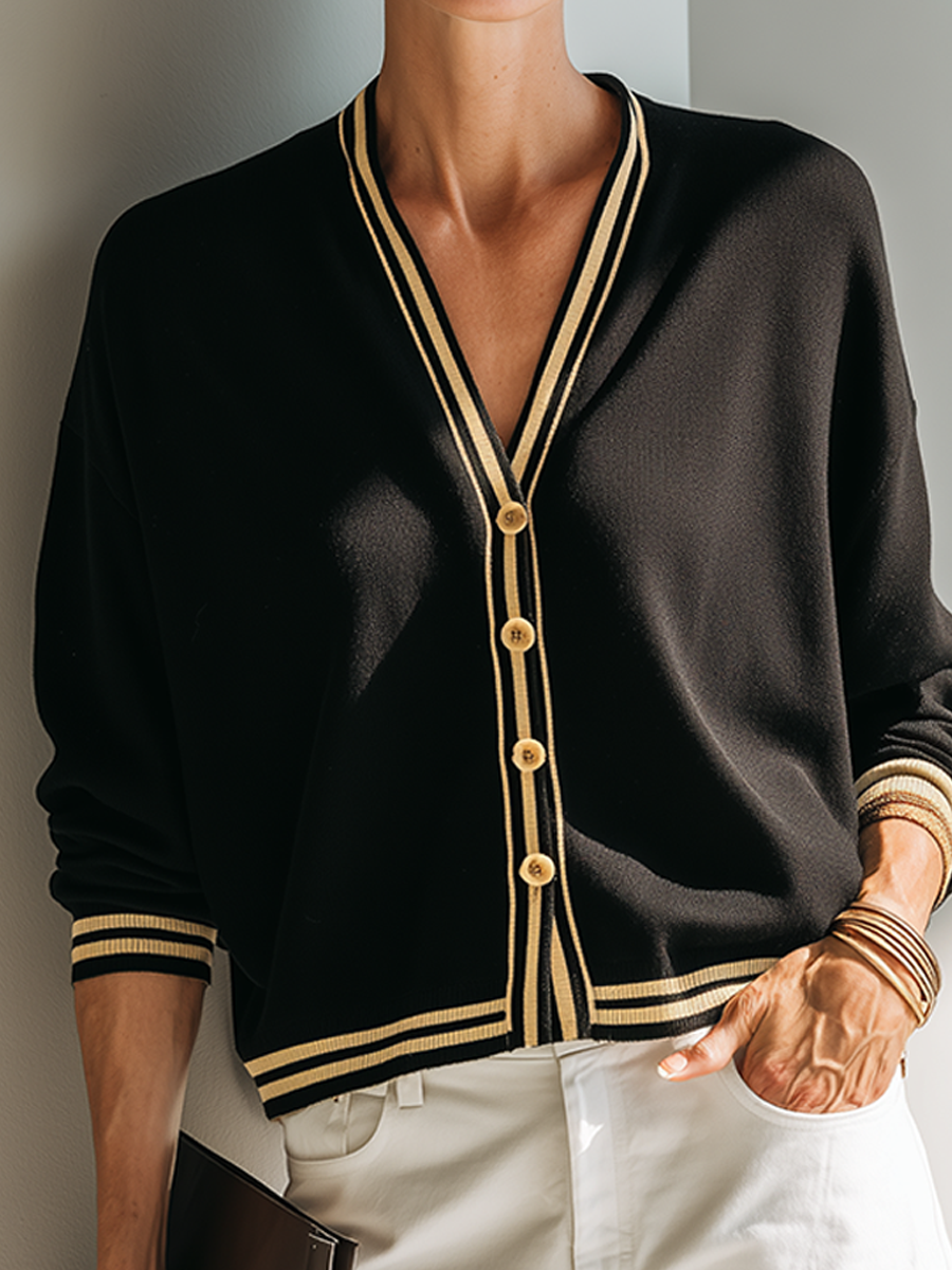 Women's Color-Contrast Striped V-Neck Cropped Knit Cardigan MDZ0510H1ZRK