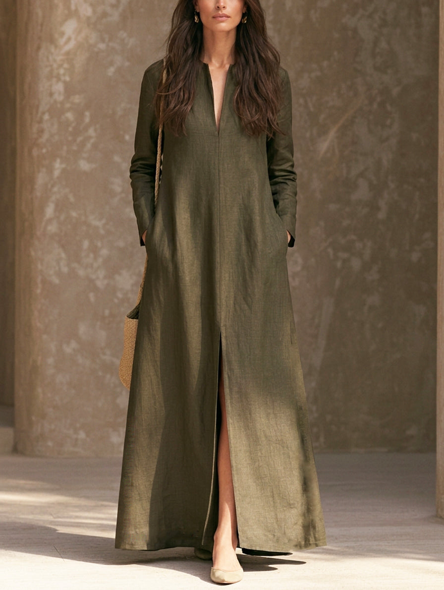 Women's Casual Dark Green Cotton-linen Long-sleeved Maxi Dress MDZ0577H5LXY