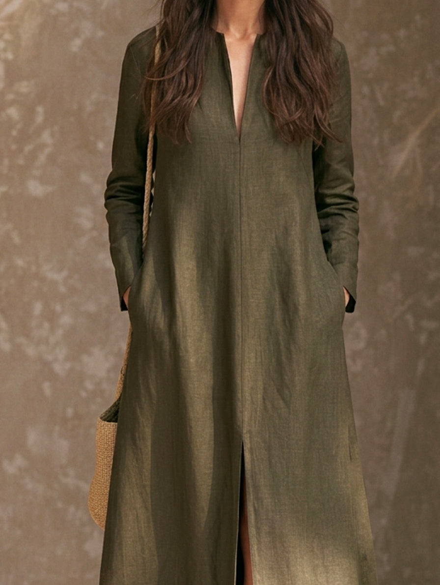 Women's Casual Dark Green Cotton-linen Long-sleeved Maxi Dress MDZ0577H5LXY
