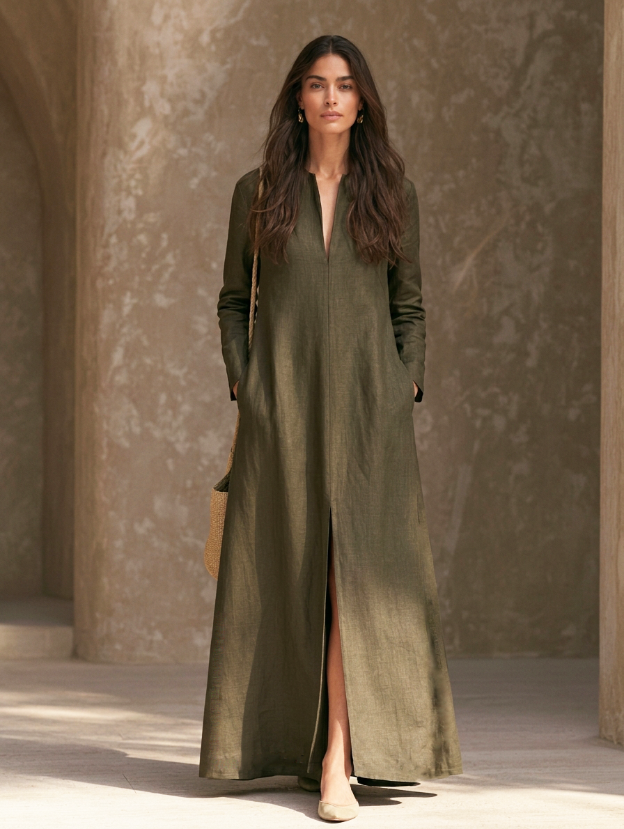 Women's Casual Dark Green Cotton-linen Long-sleeved Maxi Dress MDZ0577H5LXY