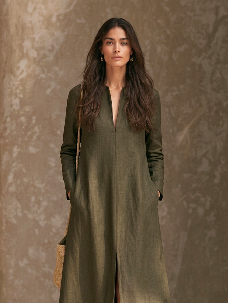 Women's Casual Dark Green Cotton-linen Long-sleeved Maxi Dress MDZ0577H5LXY