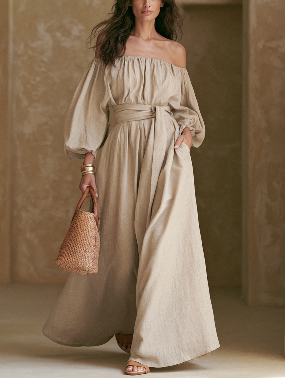 Women's Casual Khaki Cotton-Linen Off-Shoulder Long-Sleeve Jumpsuit MDZ0517H4LXY