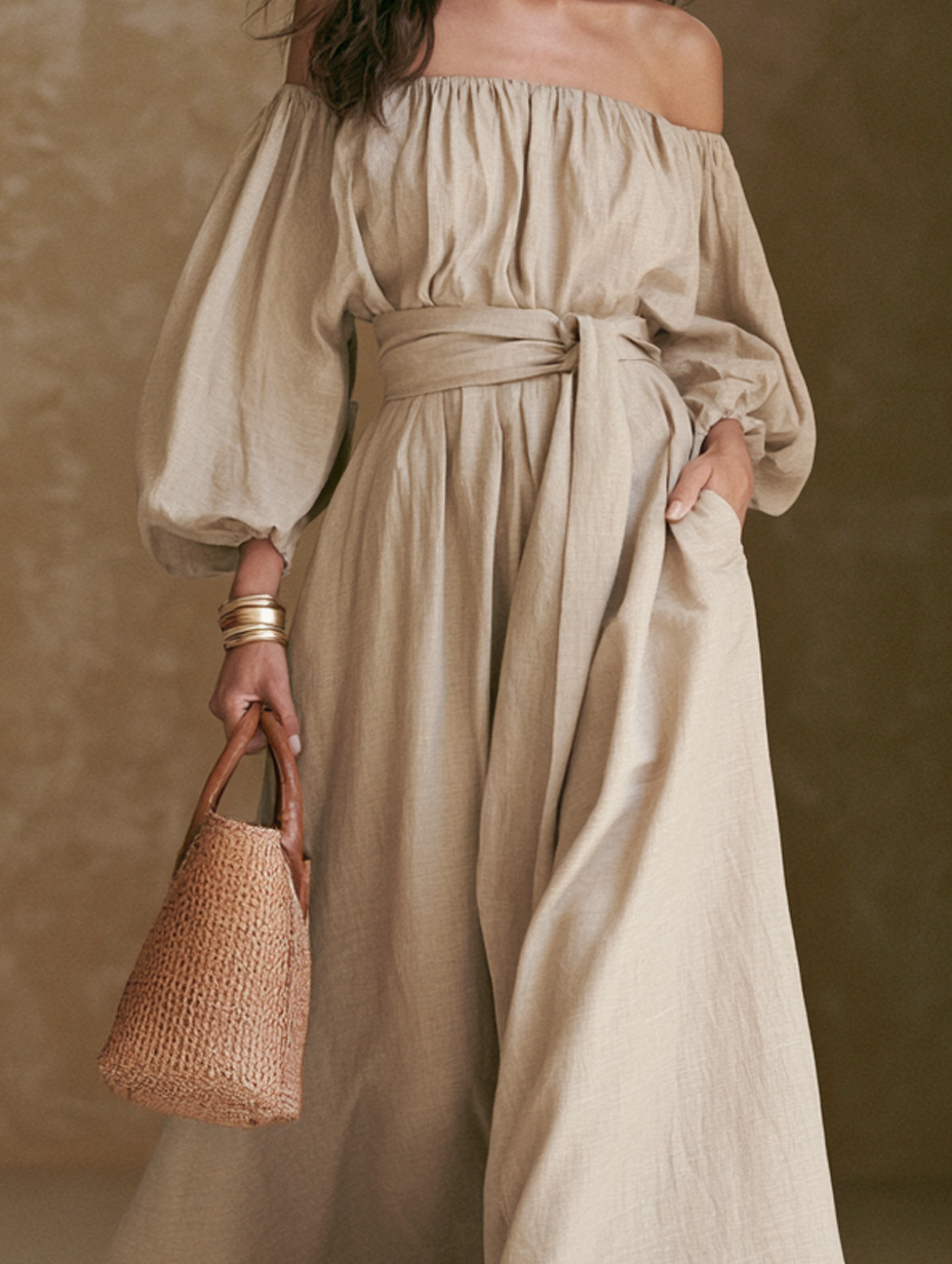 Women's Casual Khaki Cotton-Linen Off-Shoulder Long-Sleeve Jumpsuit MDZ0517H4LXY