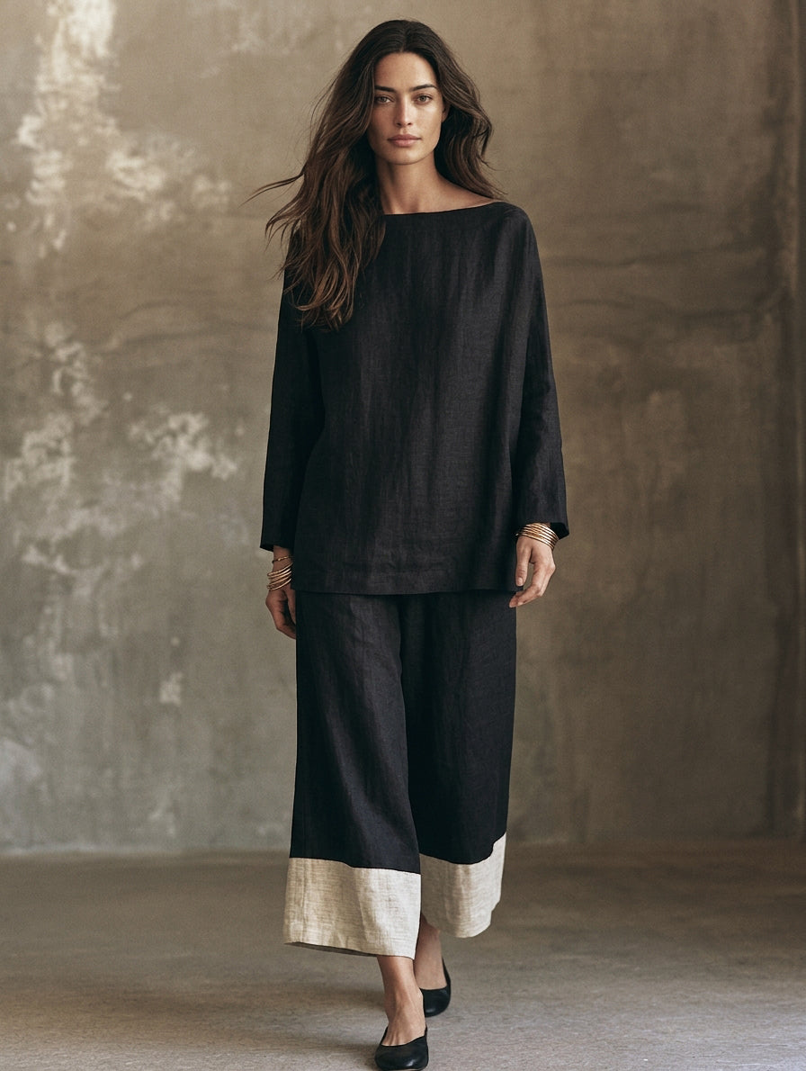 Women's Casual Black And White Cotton-linen Long-sleeve Top And Trousers Set MDZ0575H7LXY