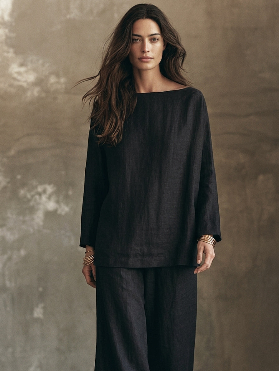 Women's Casual Black And White Cotton-linen Long-sleeve Top And Trousers Set MDZ0575H7LXY