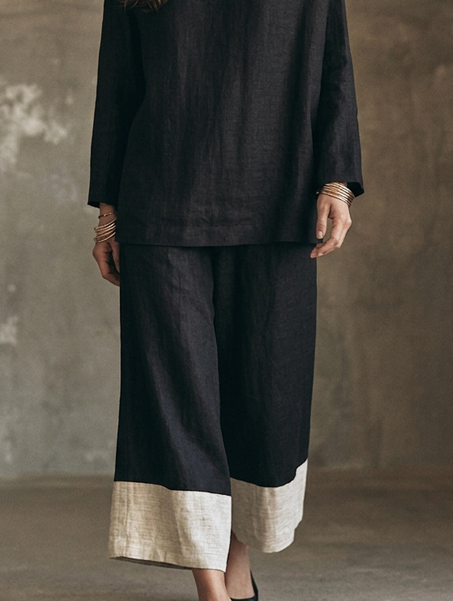 Women's Casual Black And White Cotton-linen Long-sleeve Top And Trousers Set MDZ0575H7LXY