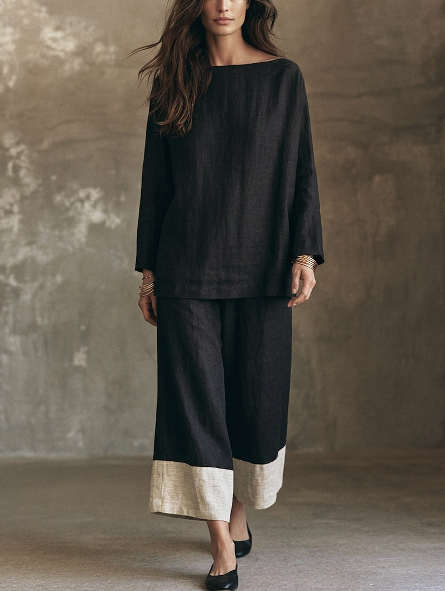 Women's Casual Black And White Cotton-linen Long-sleeve Top And Trousers Set MDZ0575H7LXY
