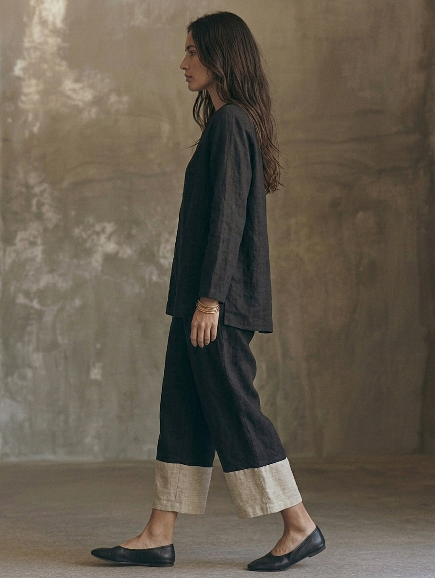 Women's Casual Black And White Cotton-linen Long-sleeve Top And Trousers Set MDZ0575H7LXY