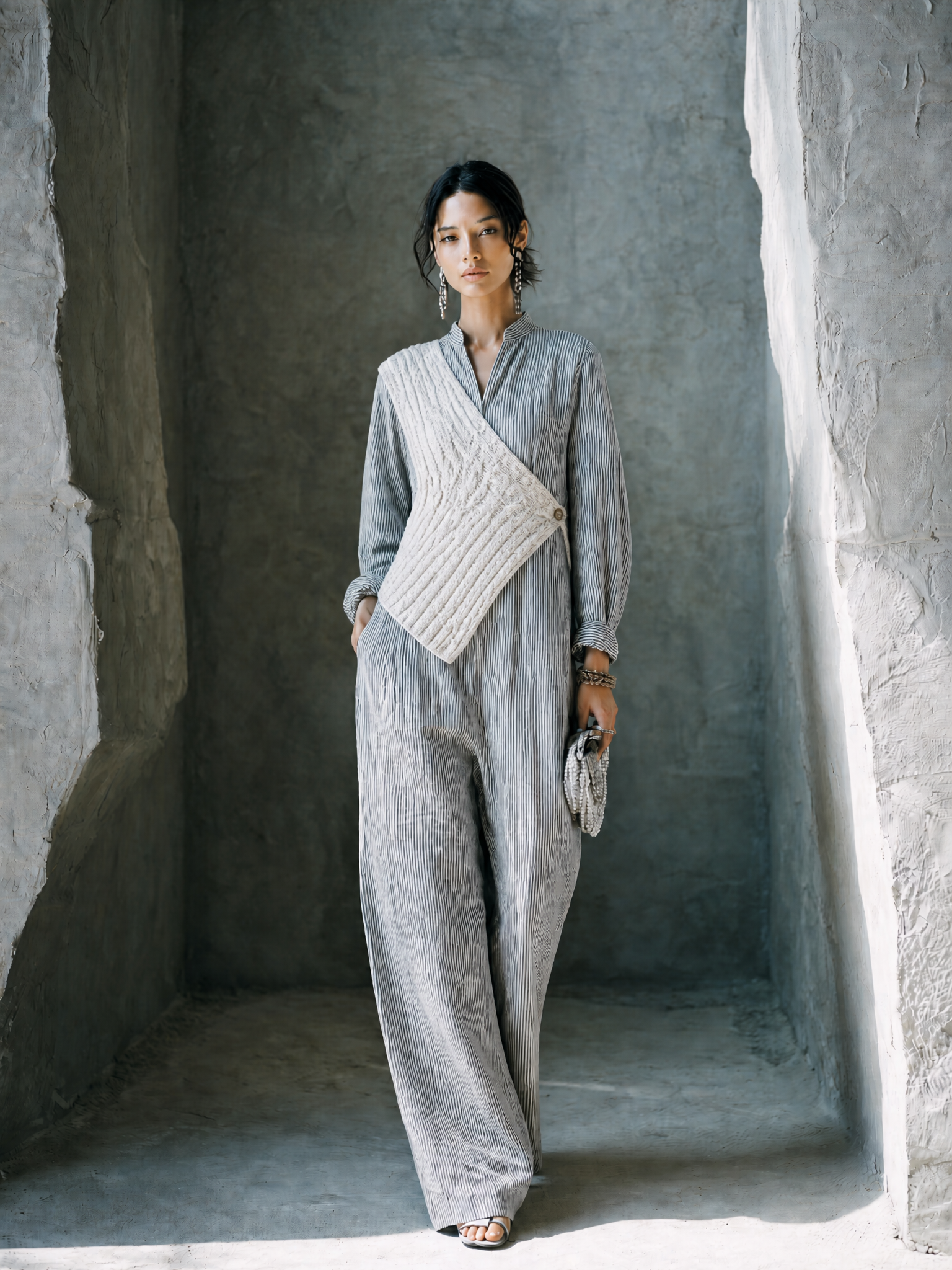 Women's Layered Knit Casual Linen Blend Stand Collar Wide Leg Jumpsuit MDZ0574H1GMJ