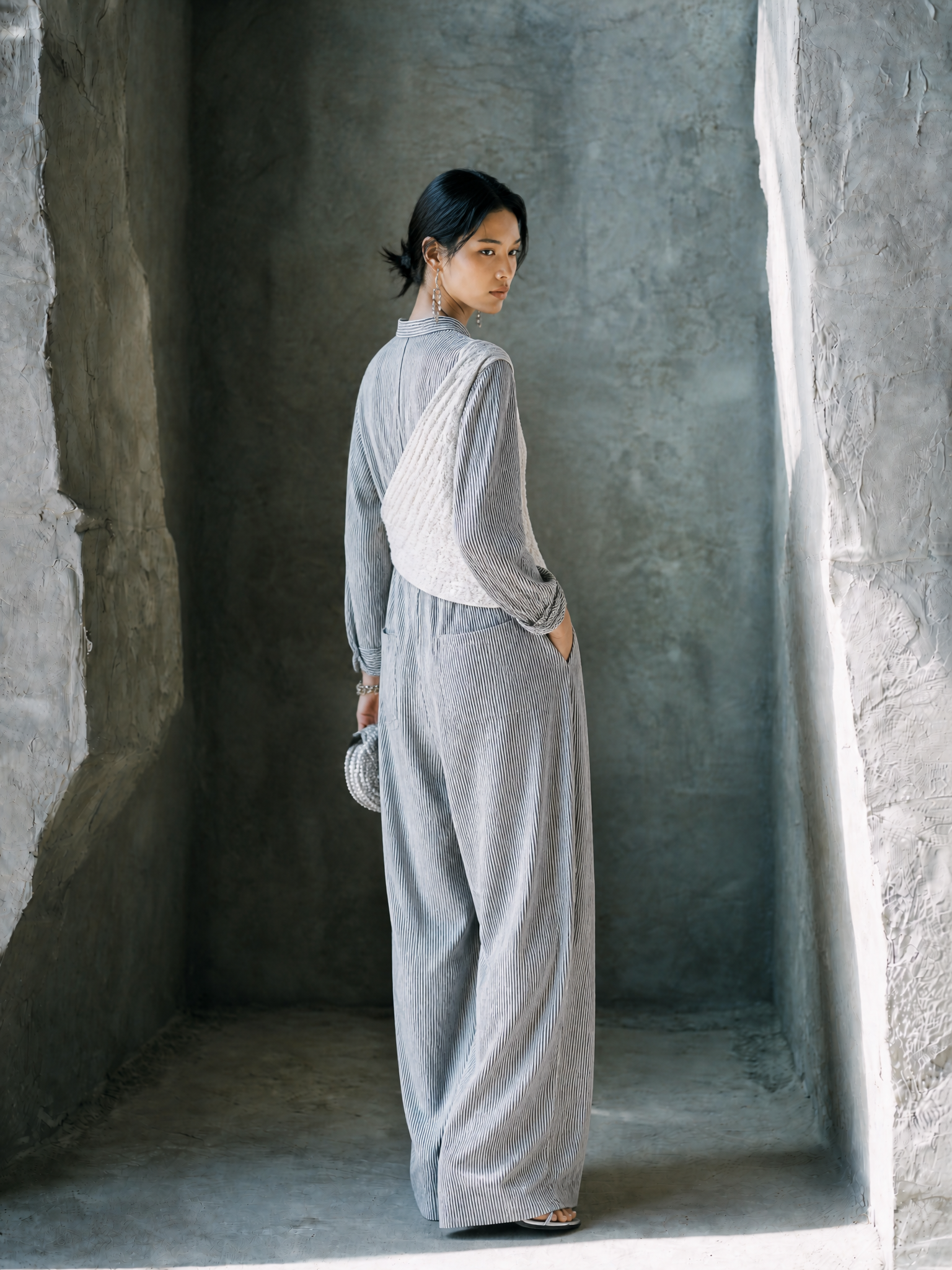 Women's Layered Knit Casual Linen Blend Stand Collar Wide Leg Jumpsuit MDZ0574H1GMJ