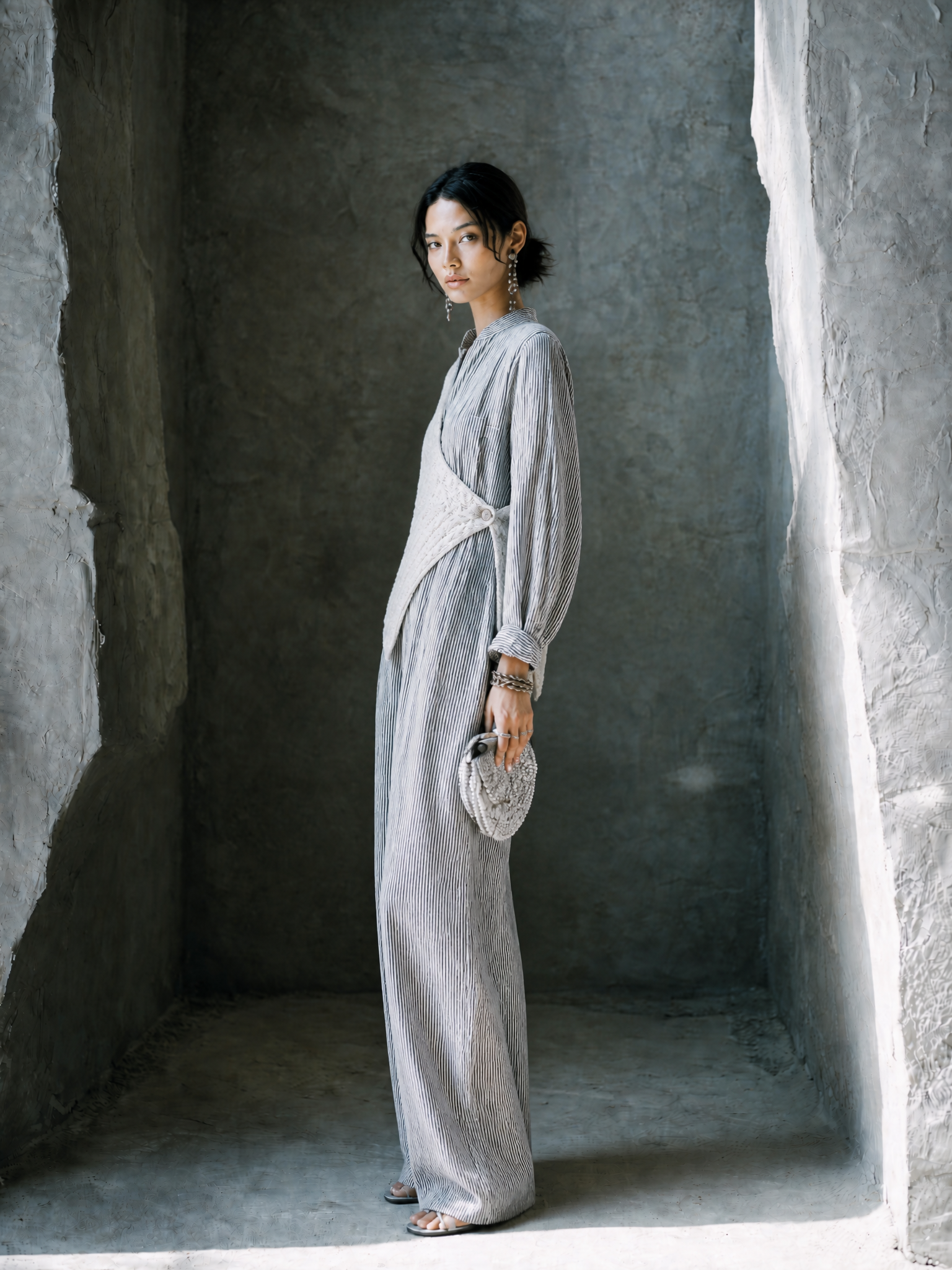 Women's Layered Knit Casual Linen Blend Stand Collar Wide Leg Jumpsuit MDZ0574H1GMJ