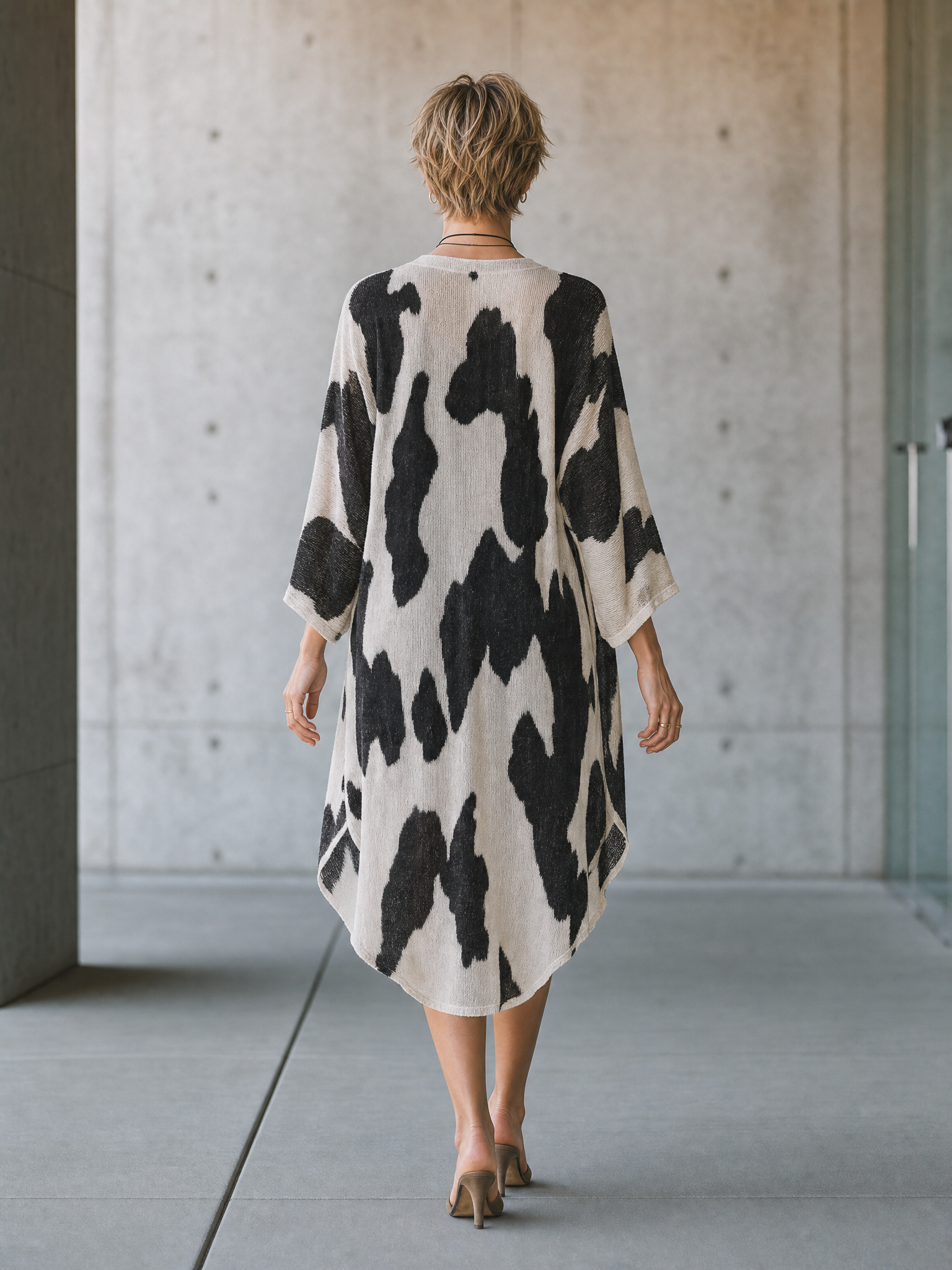 Women's Cow Print Open Front Beige Cardigan MDZ0484H2YZJ