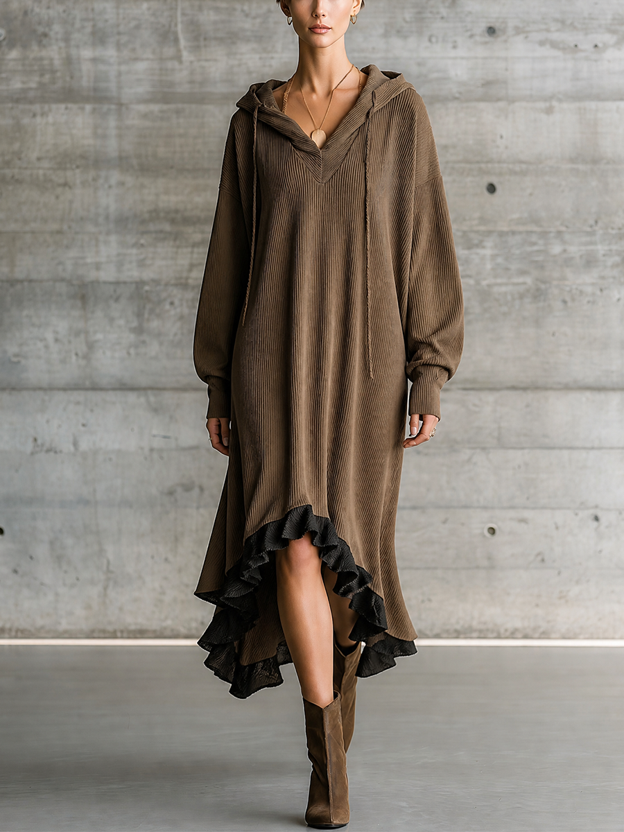 Women's Long Sleeve Hooded Corduroy Brown Dress MDZ0516H7YZJ