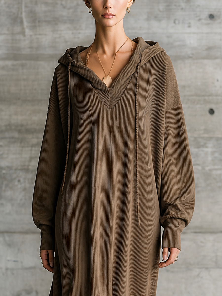 Women's Long Sleeve Hooded Corduroy Brown Dress MDZ0516H7YZJ