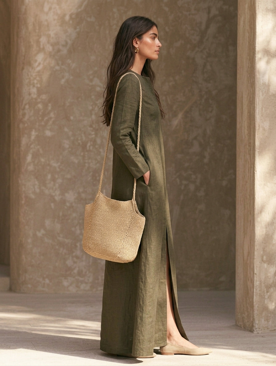 Women's Casual Dark Green Cotton-linen Long-sleeved Maxi Dress MDZ0577H5LXY