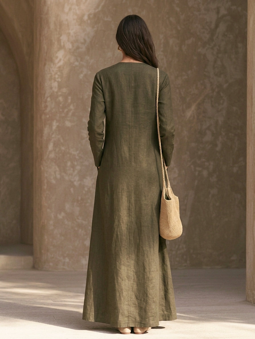Women's Casual Dark Green Cotton-linen Long-sleeved Maxi Dress MDZ0577H5LXY