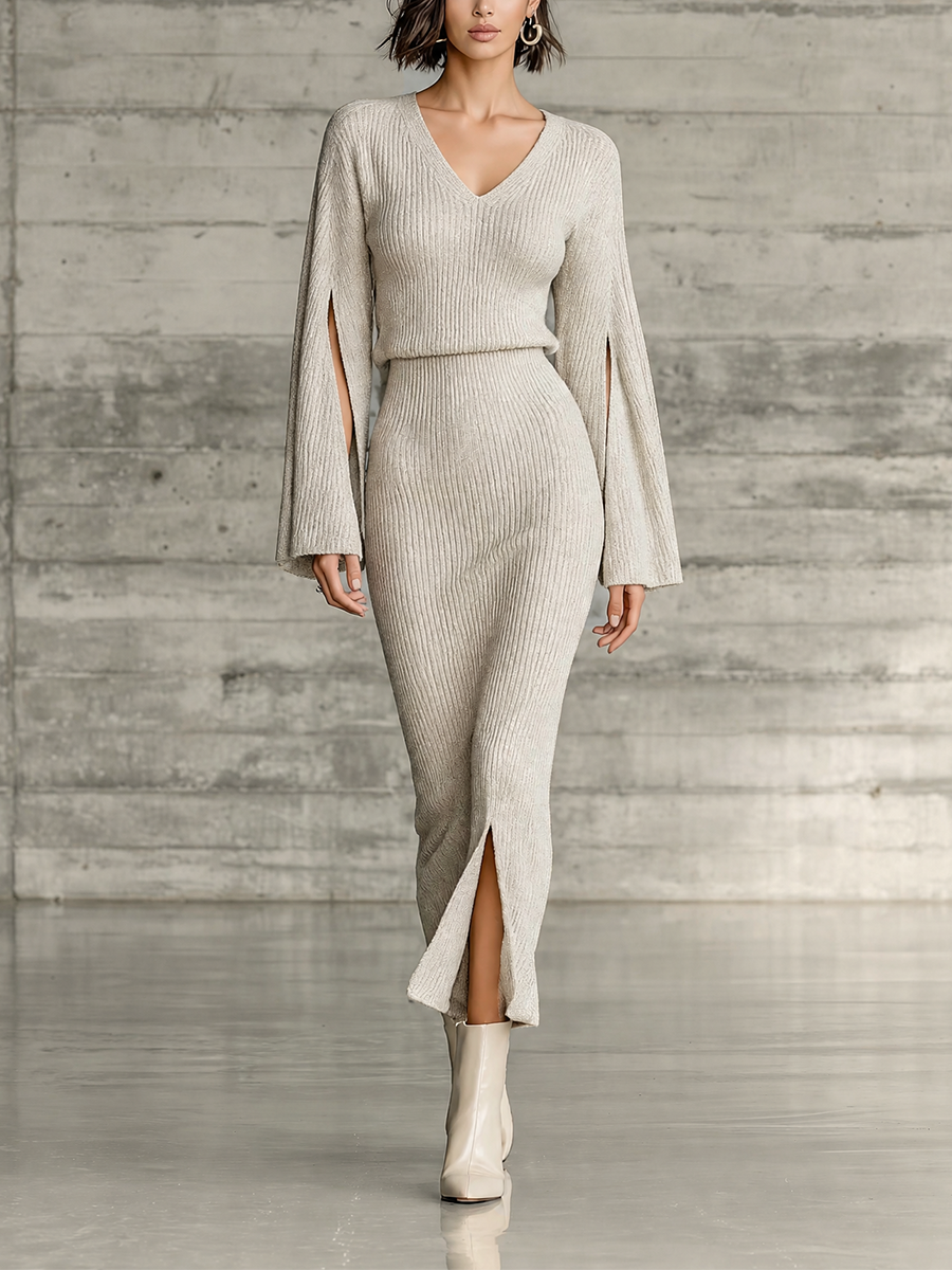Women's Ribbed Knit Split Hem Beige Set MDZ0577H5YZJ