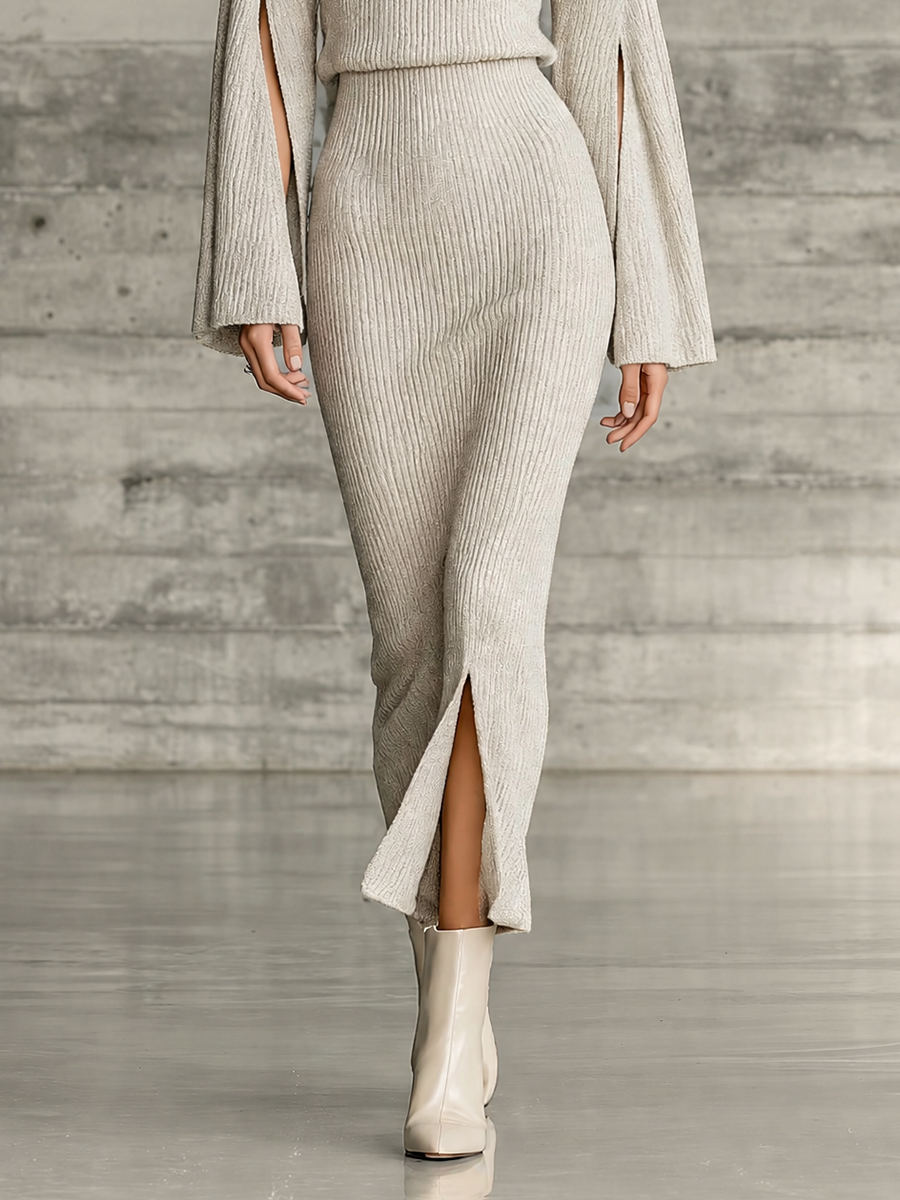 Women's Ribbed Knit Split Hem Beige Set MDZ0577H5YZJ