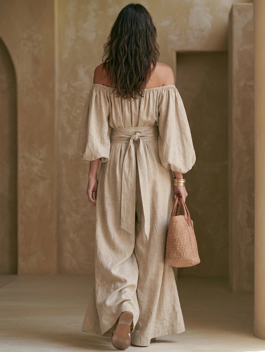 Women's Casual Khaki Cotton-Linen Off-Shoulder Long-Sleeve Jumpsuit MDZ0517H4LXY