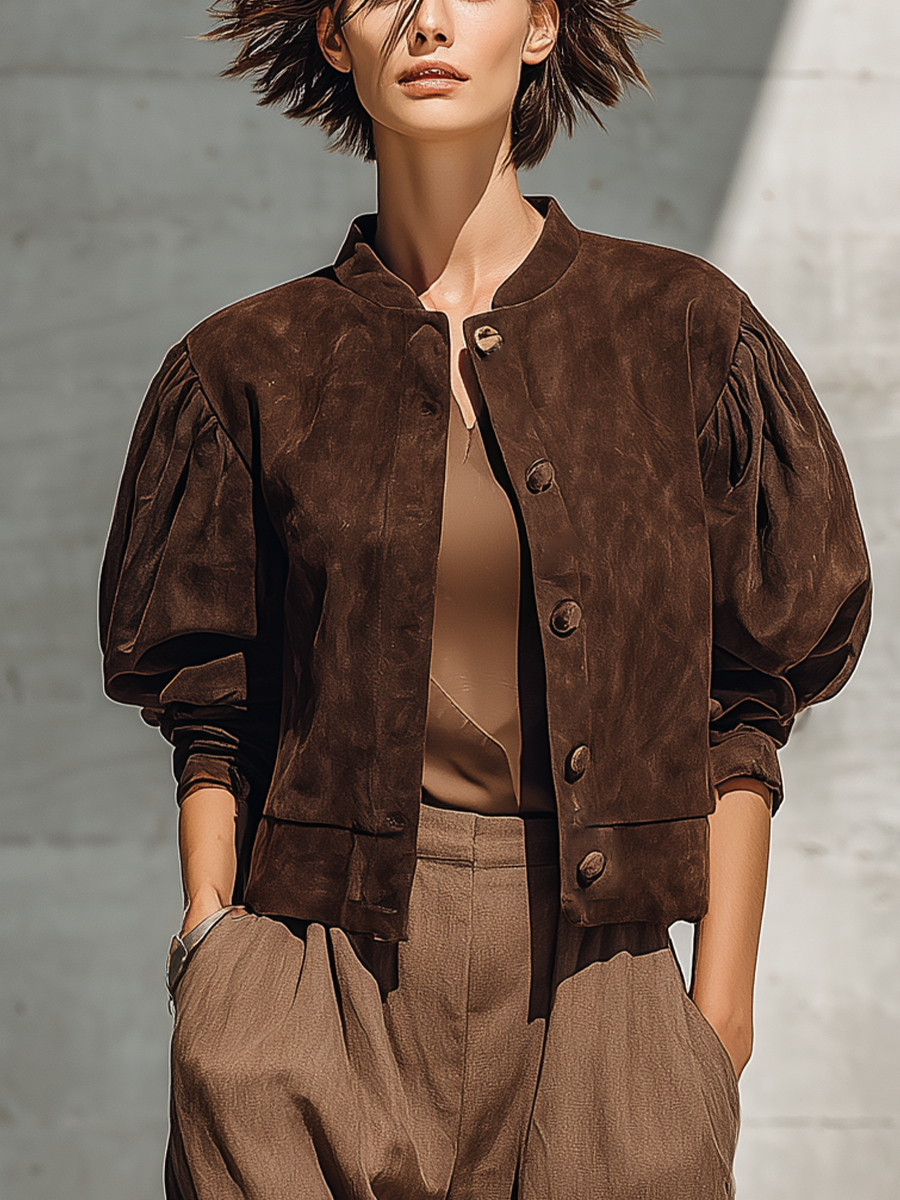 Women's Stand Collar Puff Sleeve Brown Jacket MDZ0517H0YZJ