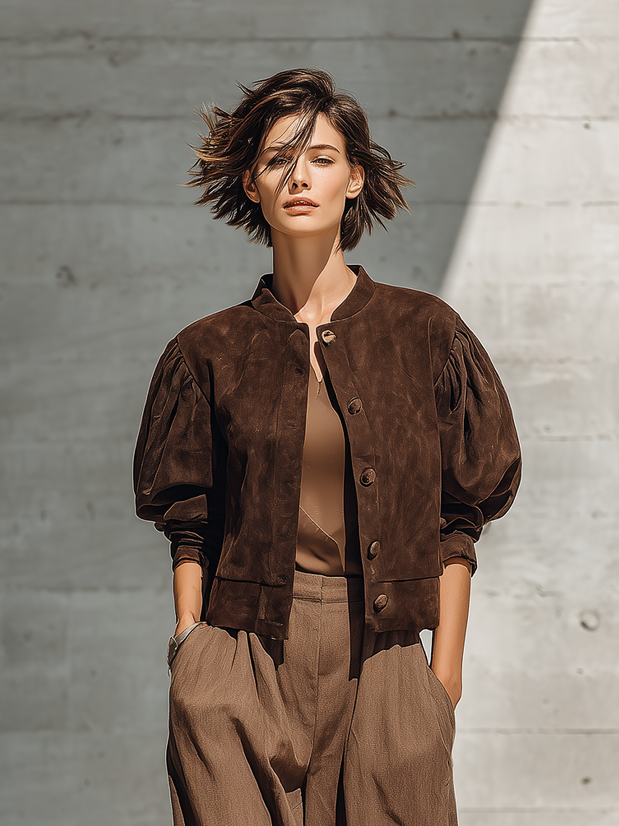 Women's Stand Collar Puff Sleeve Brown Jacket MDZ0517H0YZJ