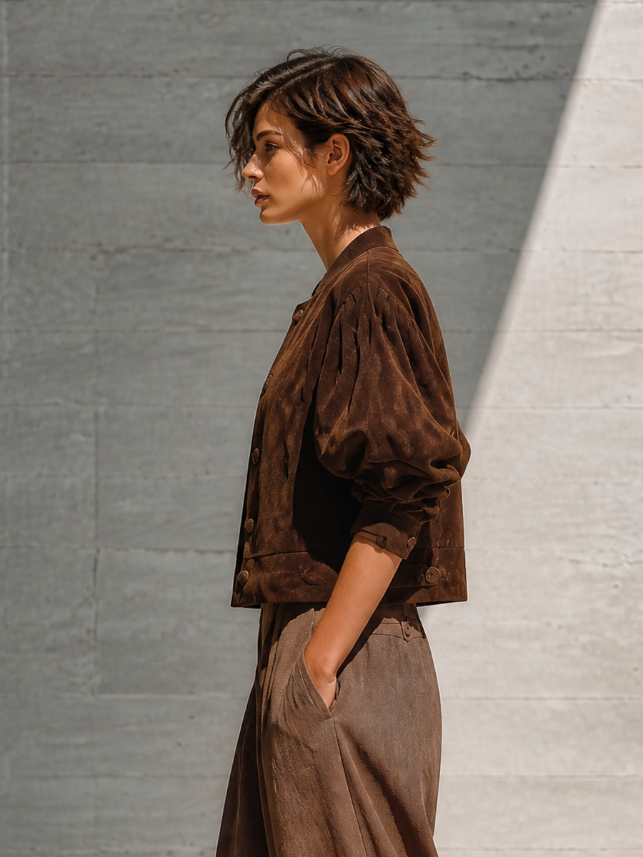 Women's Stand Collar Puff Sleeve Brown Jacket MDZ0517H0YZJ