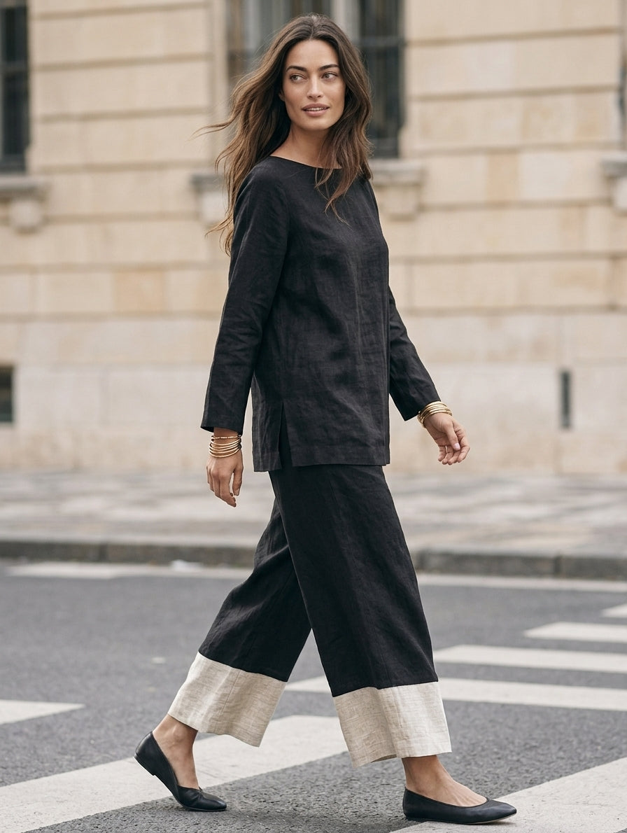 Women's Casual Black And White Cotton-linen Long-sleeve Top And Trousers Set MDZ0575H7LXY