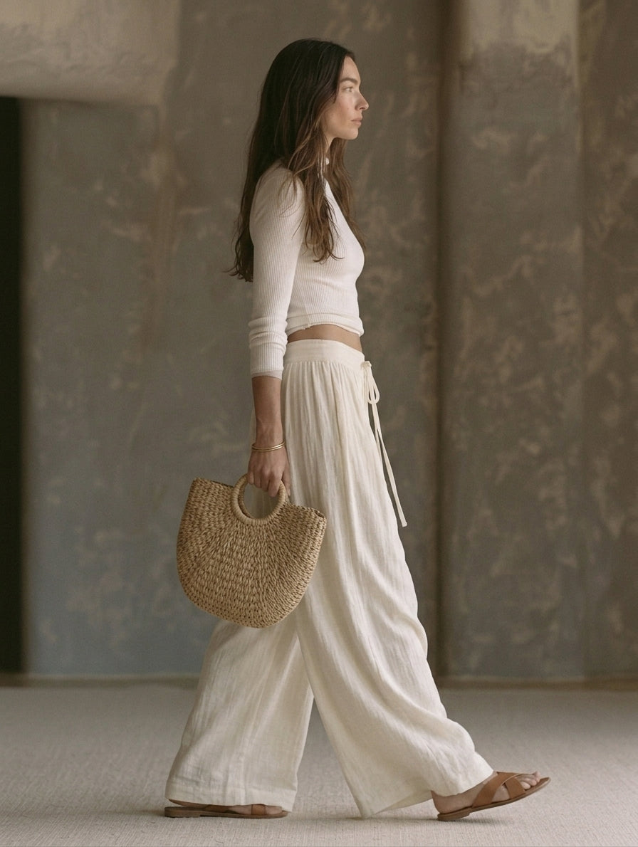 Women's Casual Beige Long-sleeved Knit Top Paired With Cotton-linen Trousers MDZ0523H2LXY