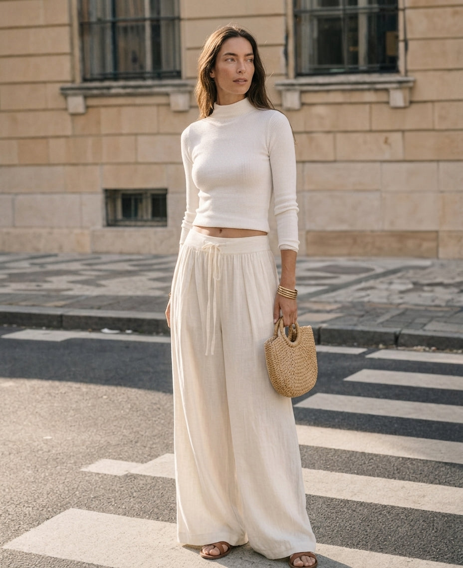 Women's Casual Beige Long-sleeved Knit Top Paired With Cotton-linen Trousers MDZ0523H2LXY