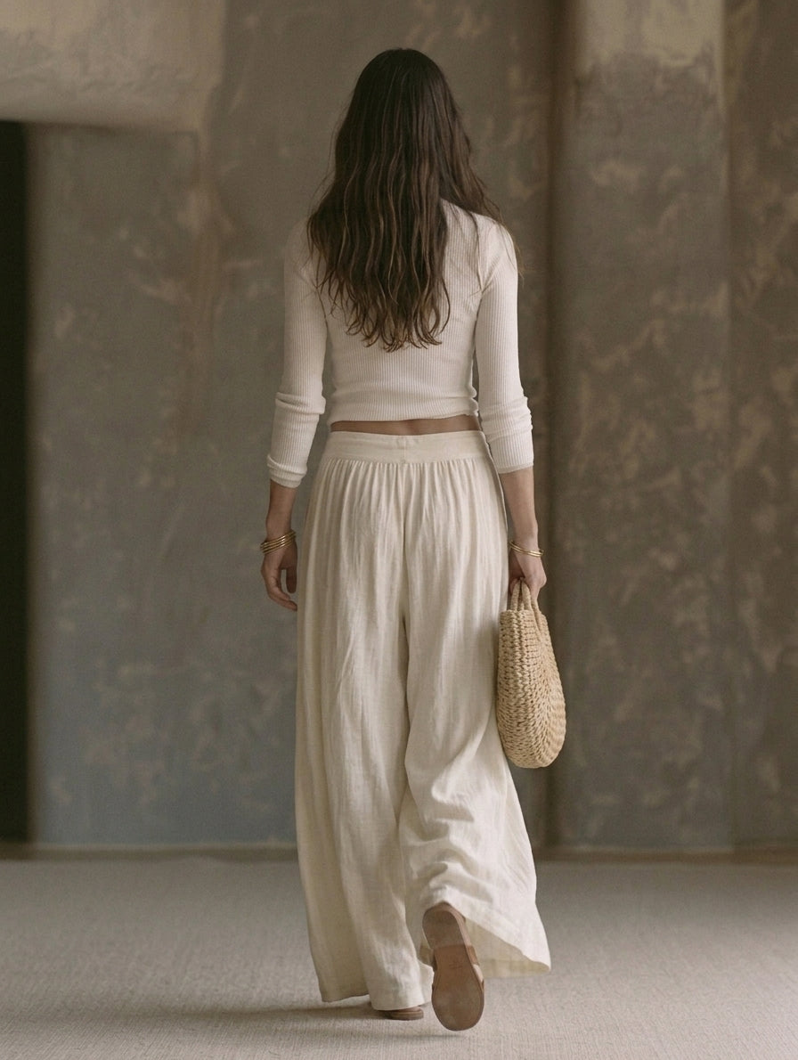 Women's Casual Beige Long-sleeved Knit Top Paired With Cotton-linen Trousers MDZ0523H2LXY