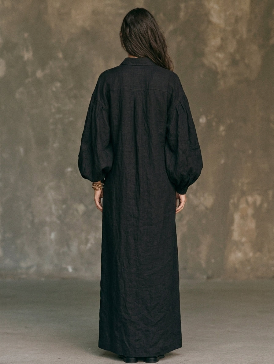 Women's Casual Black Long-sleeved Woven Maxi Dress MDZ0579H9LXY