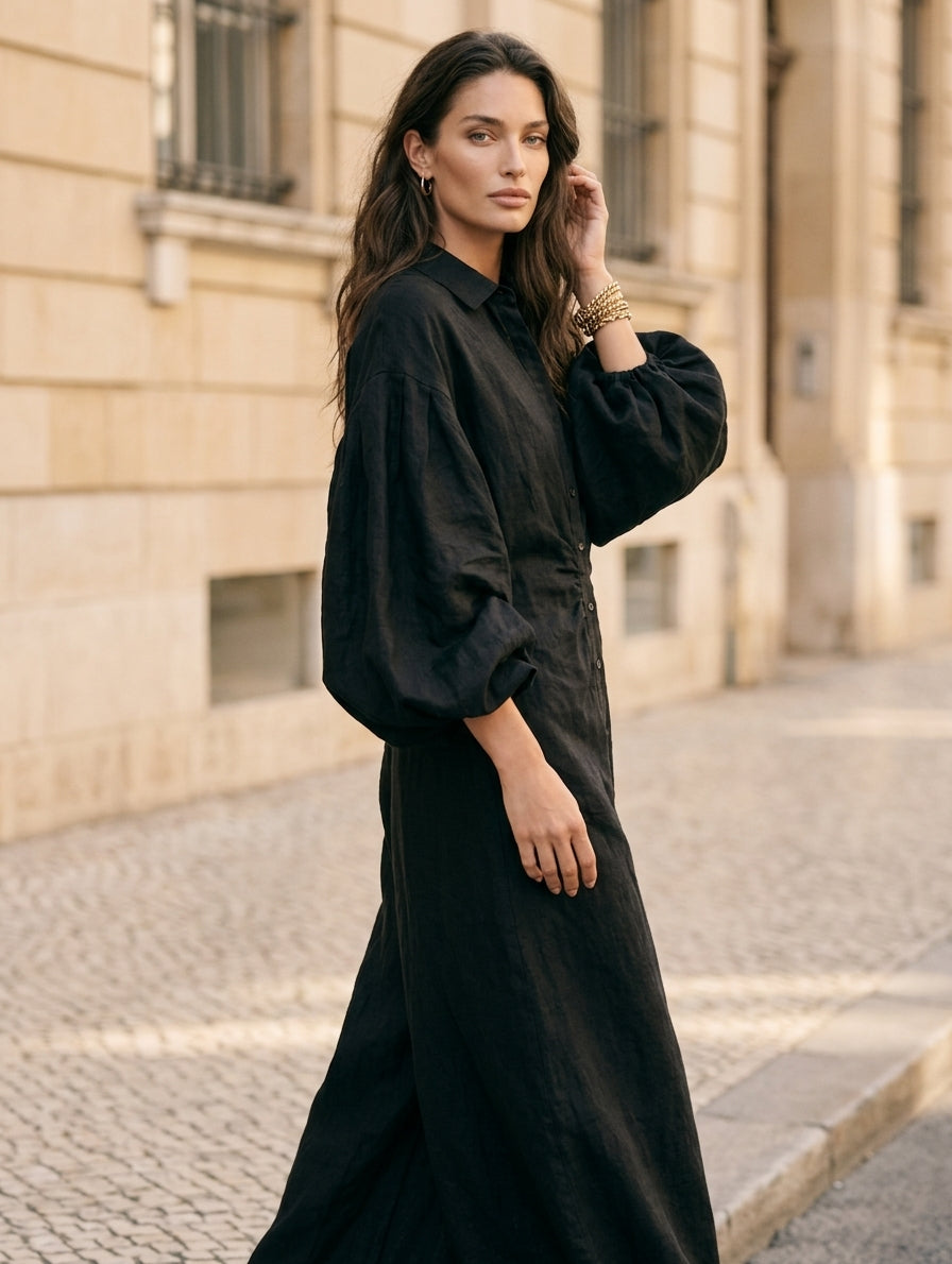 Women's Casual Black Long-sleeved Woven Maxi Dress MDZ0579H9LXY