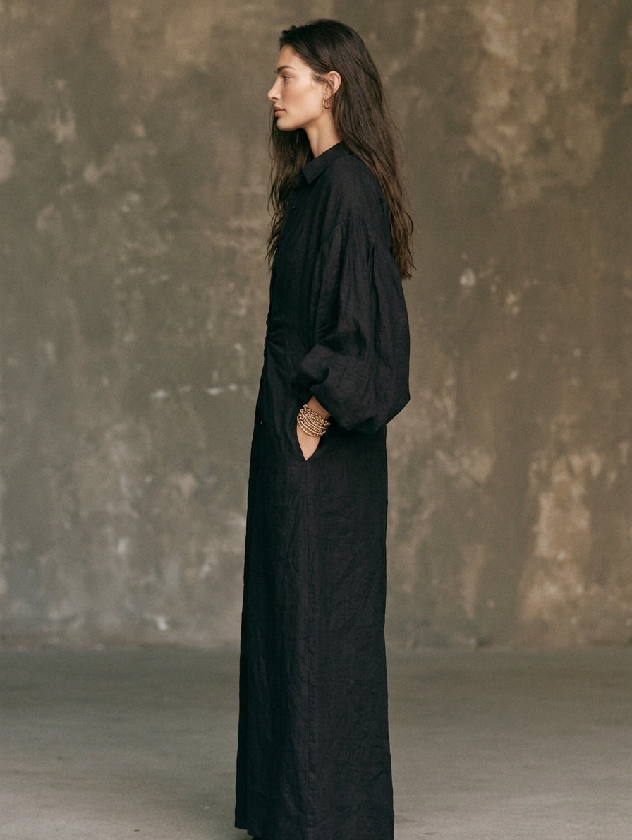 Women's Casual Black Long-sleeved Woven Maxi Dress MDZ0579H9LXY