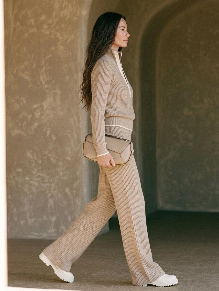 Women's Casual Khaki Long-sleeve Knit Top With A Half-zip Collar, Paired With Trousers MDZ0520H8LXY