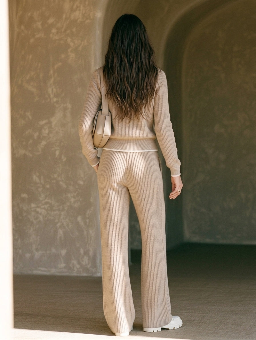 Women's Casual Khaki Long-sleeve Knit Top With A Half-zip Collar, Paired With Trousers MDZ0520H8LXY