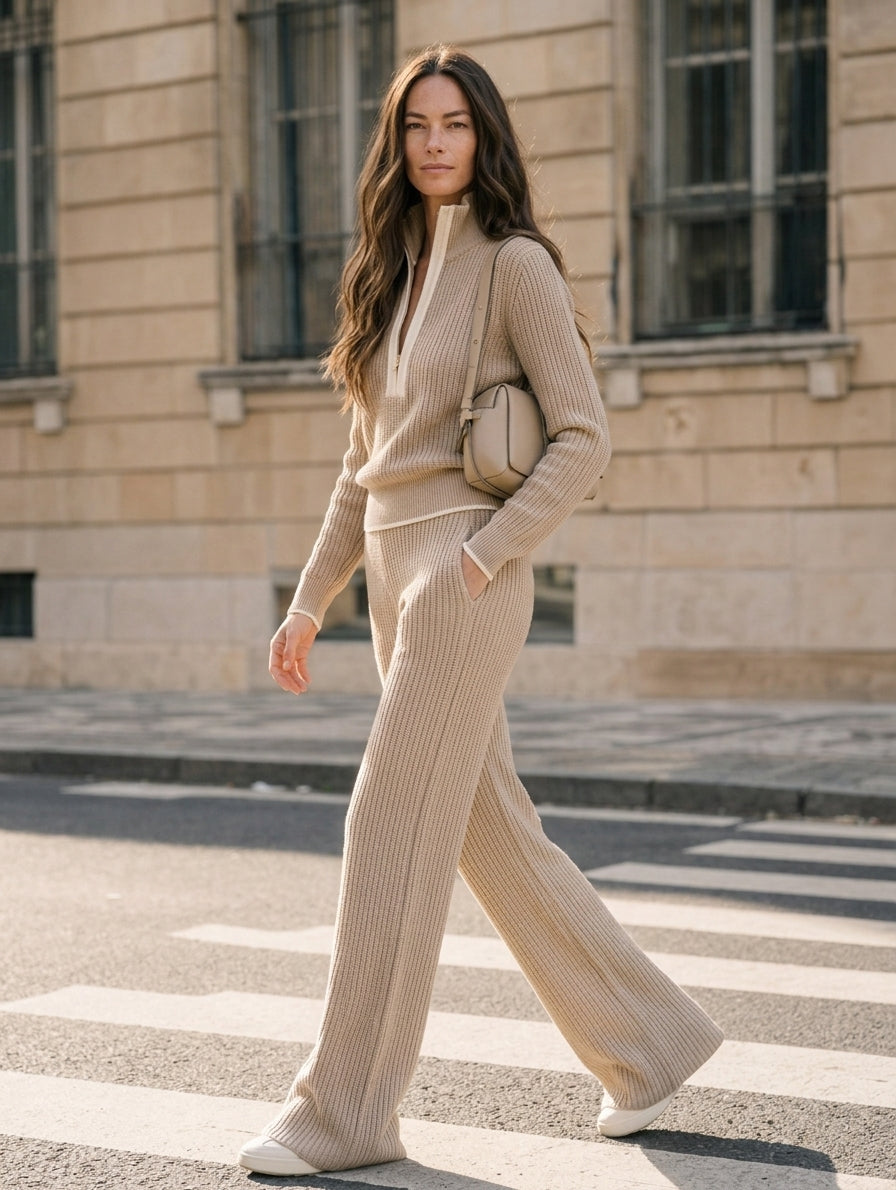 Women's Casual Khaki Long-sleeve Knit Top With A Half-zip Collar, Paired With Trousers MDZ0520H8LXY