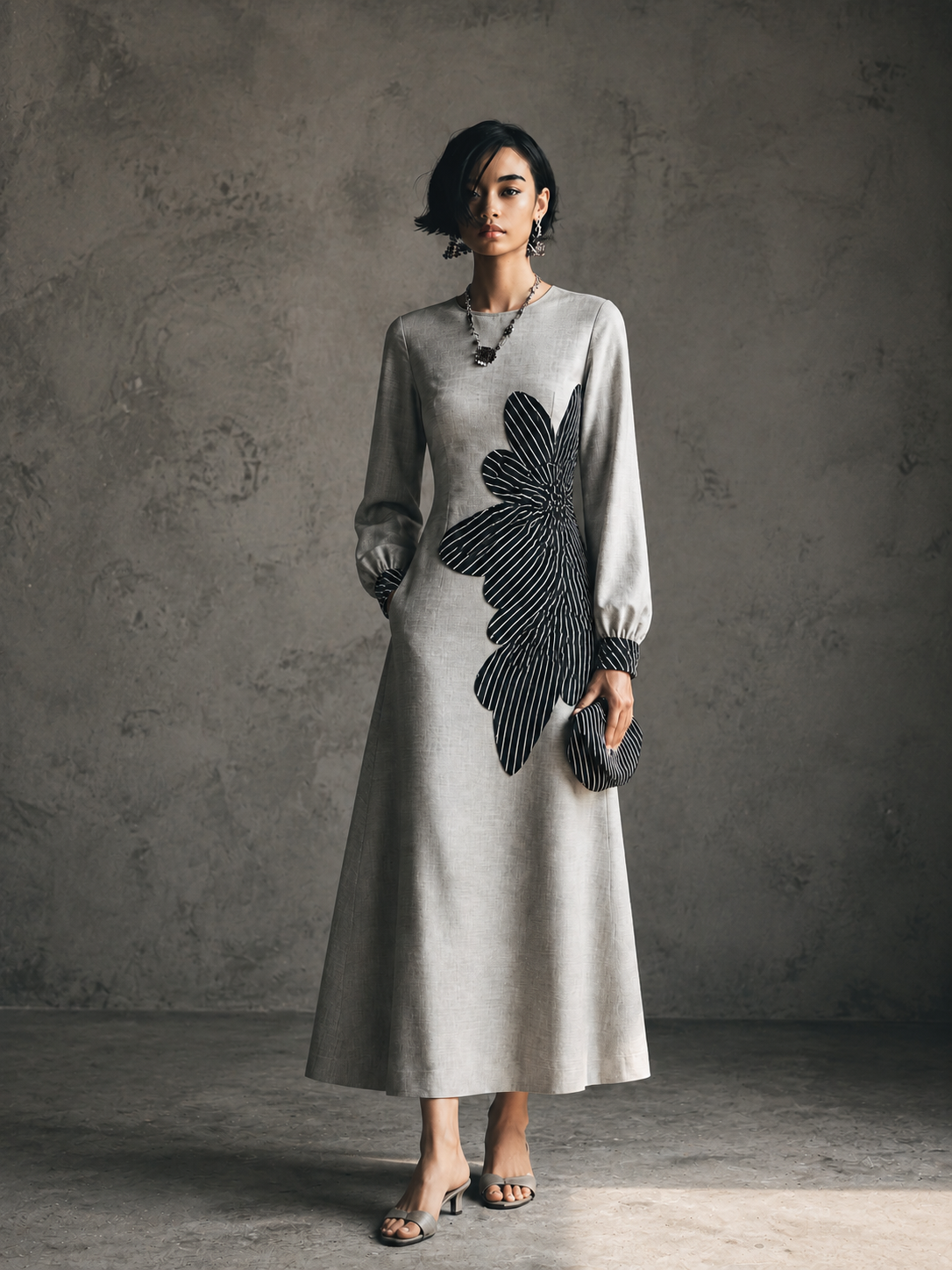 Women's Floral Appliqué Elegant Linen Blend Crew Neck Maxi Dress MDZ0520H6GMJ