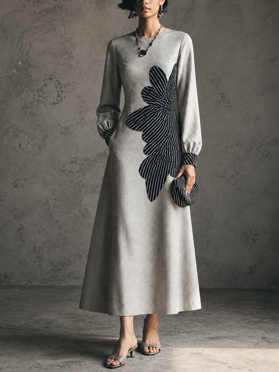 Women's Floral Appliqué Elegant Linen Blend Crew Neck Maxi Dress MDZ0520H6GMJ