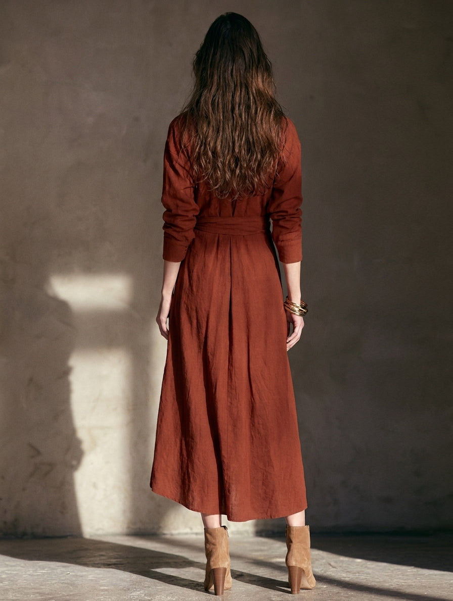 Women's Minimalist Collared Pleated Long-Sleeve Midi Dress MDZ0404H7WY