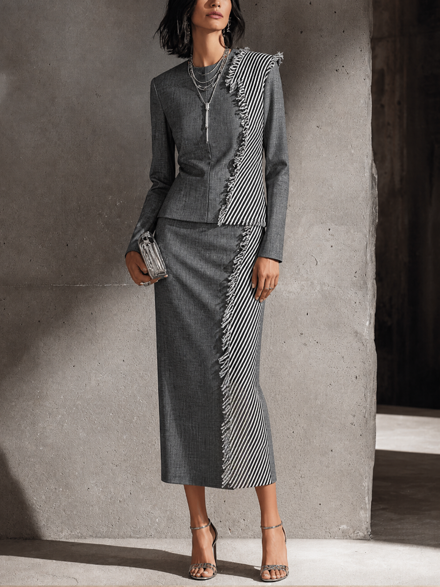 Women's Striped Panel Elegant Suiting Fabric Crew Neck Midi Dress MDZ0594H3GMJ