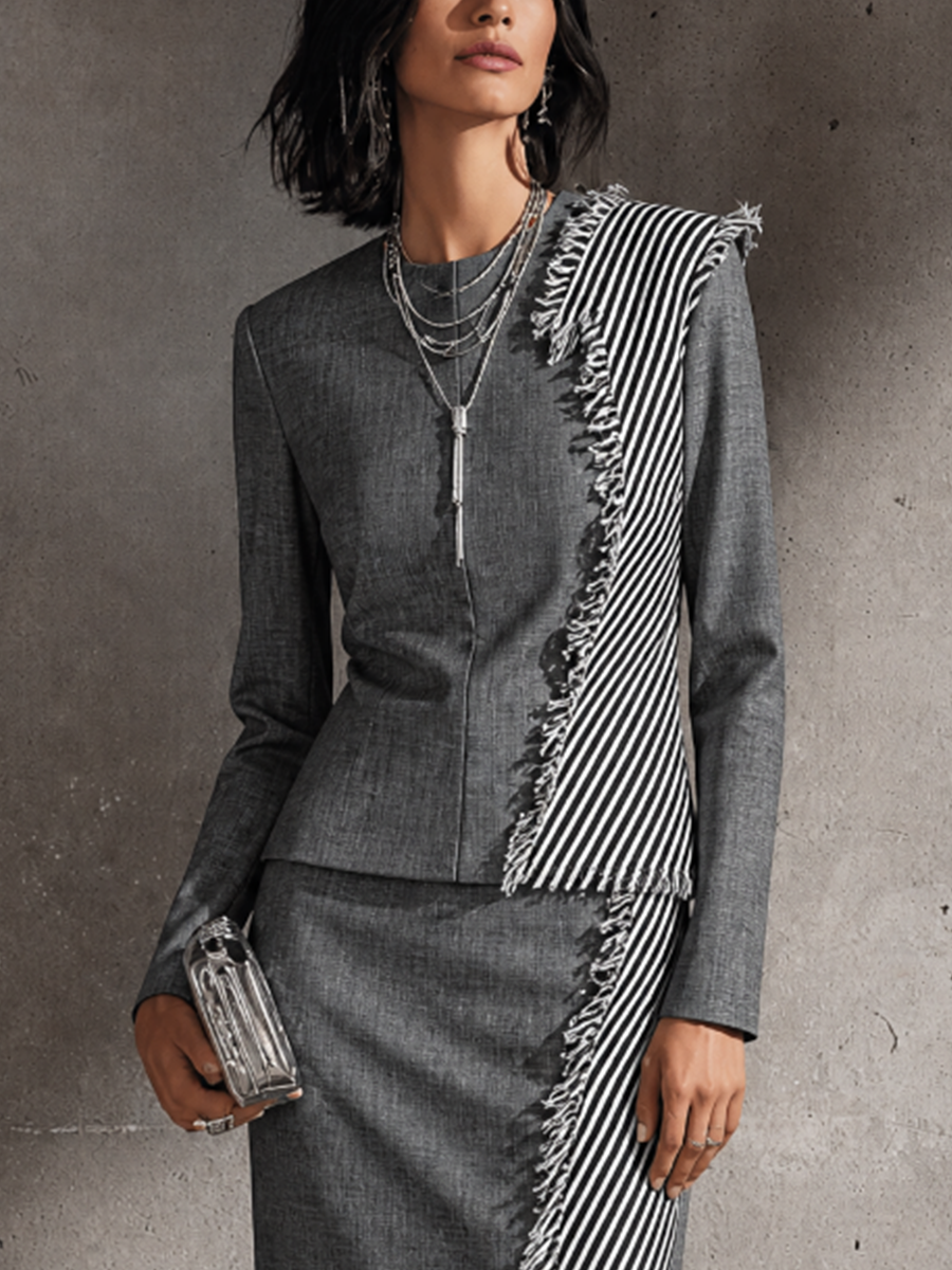 Women's Striped Panel Elegant Suiting Fabric Crew Neck Midi Dress MDZ0594H3GMJ