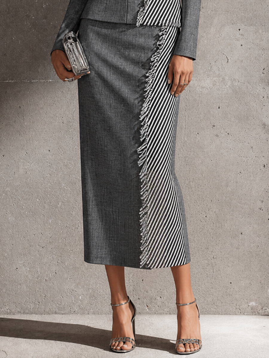 Women's Striped Panel Elegant Suiting Fabric Crew Neck Midi Dress MDZ0594H3GMJ