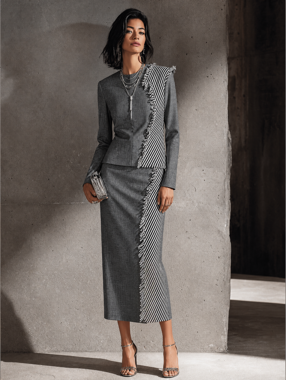 Women's Striped Panel Elegant Suiting Fabric Crew Neck Midi Dress MDZ0594H3GMJ