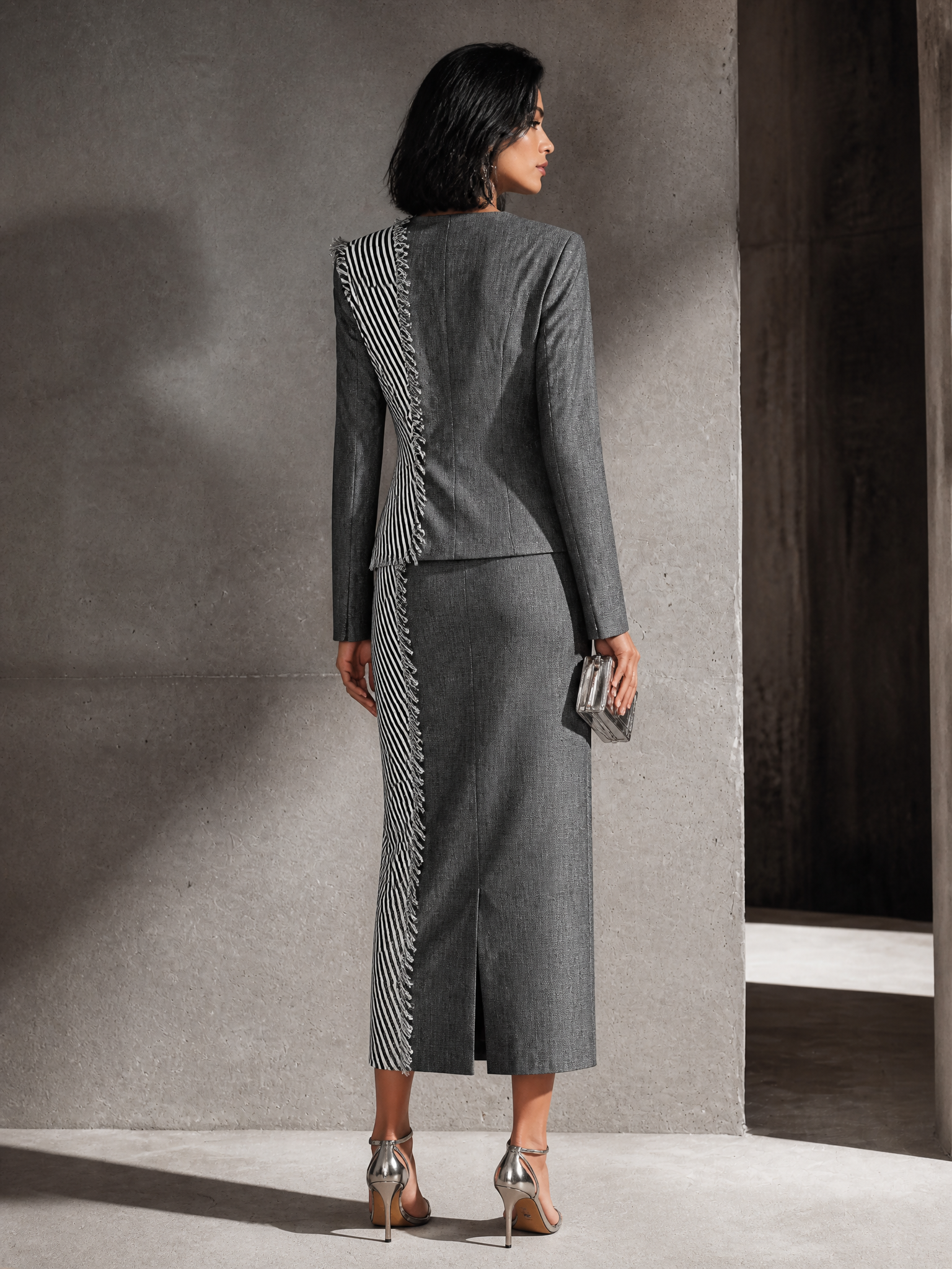 Women's Striped Panel Elegant Suiting Fabric Crew Neck Midi Dress MDZ0594H3GMJ