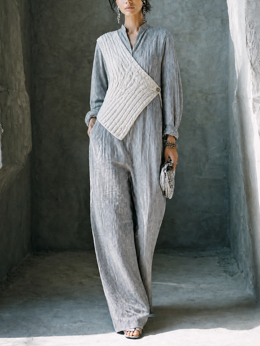 Women's Layered Knit Casual Linen Blend Stand Collar Wide Leg Jumpsuit MDZ0574H1GMJ