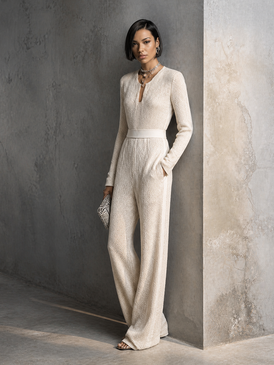 Women's Textured Minimalist Knit V-Neck Long Sleeve Wide Leg Jumpsuit MDZ0500H0GMJ